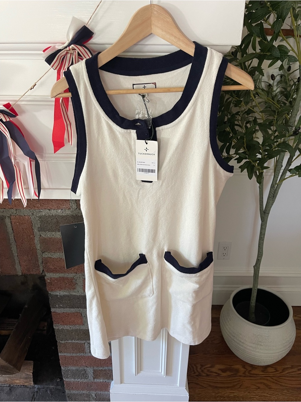 Tuckernuck Cream Sleeveless Shift Dress with Navy Trim- Terrycloth coverup xs